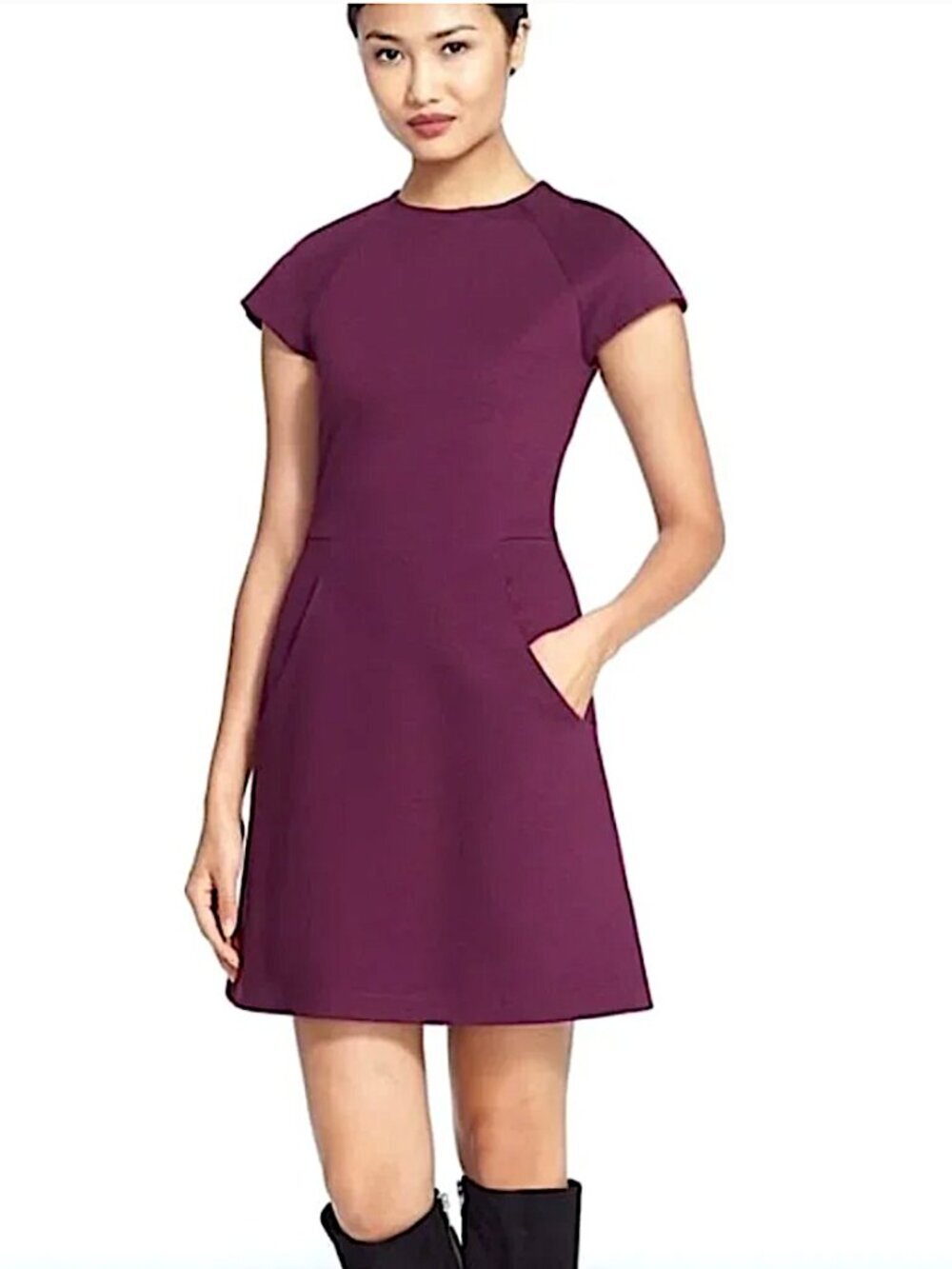 ALICE + OLIVIA Reanne Cap Sleeve A-Line Ponte Knit Dress with Pockets Purple